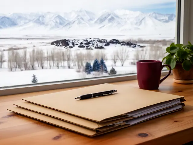 Closed kraft folders with a pen on a pine desk by a window onto snowy plains and far white mountains.